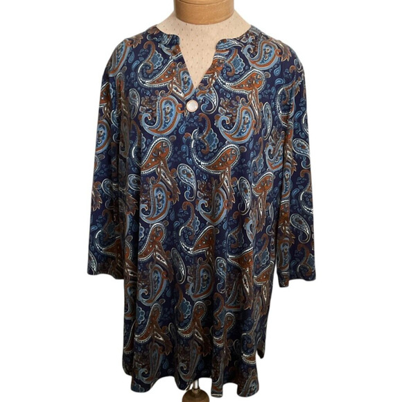 Lienridy Women's 4X Blue Orange Tunic Blouse Top Paisley Print Long Sleeve New - Picture 1 of 11